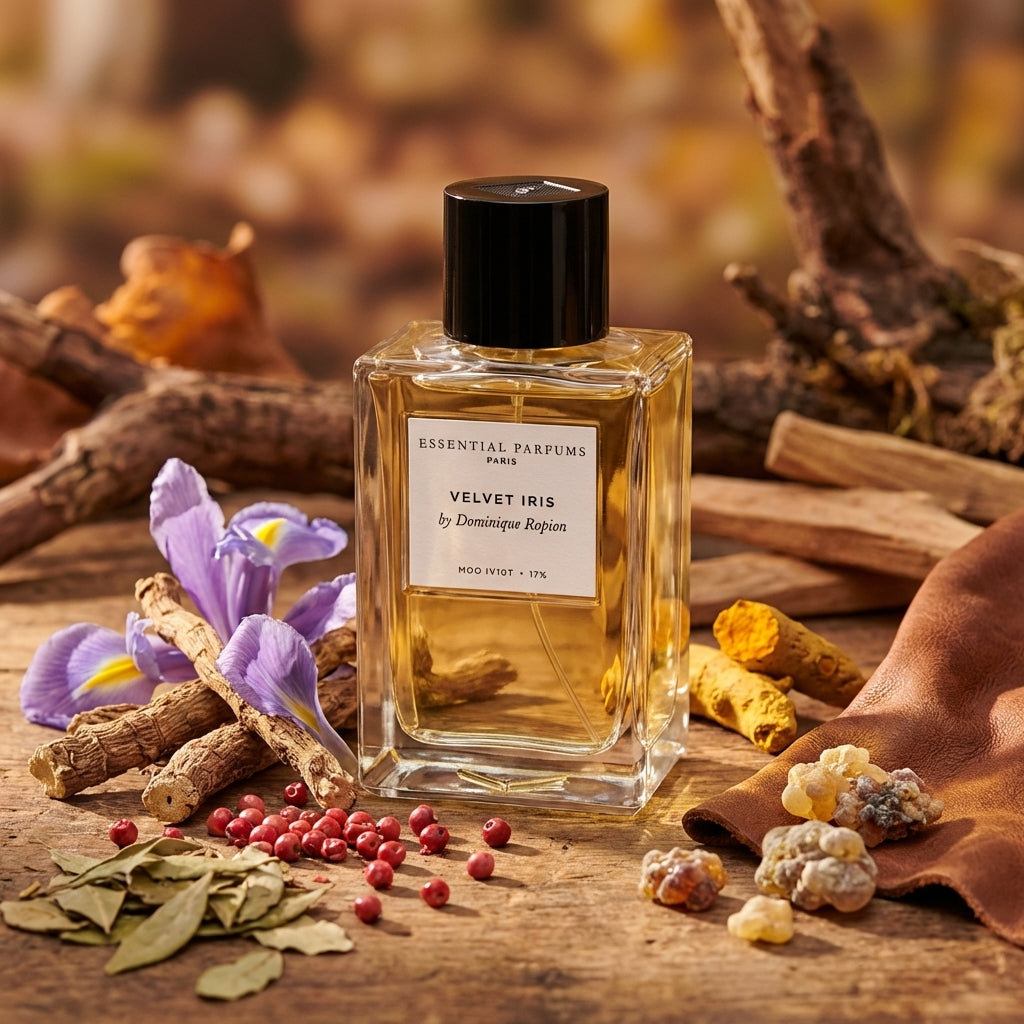 Atmospheric scene of Velvet Iris by Essential Parfums