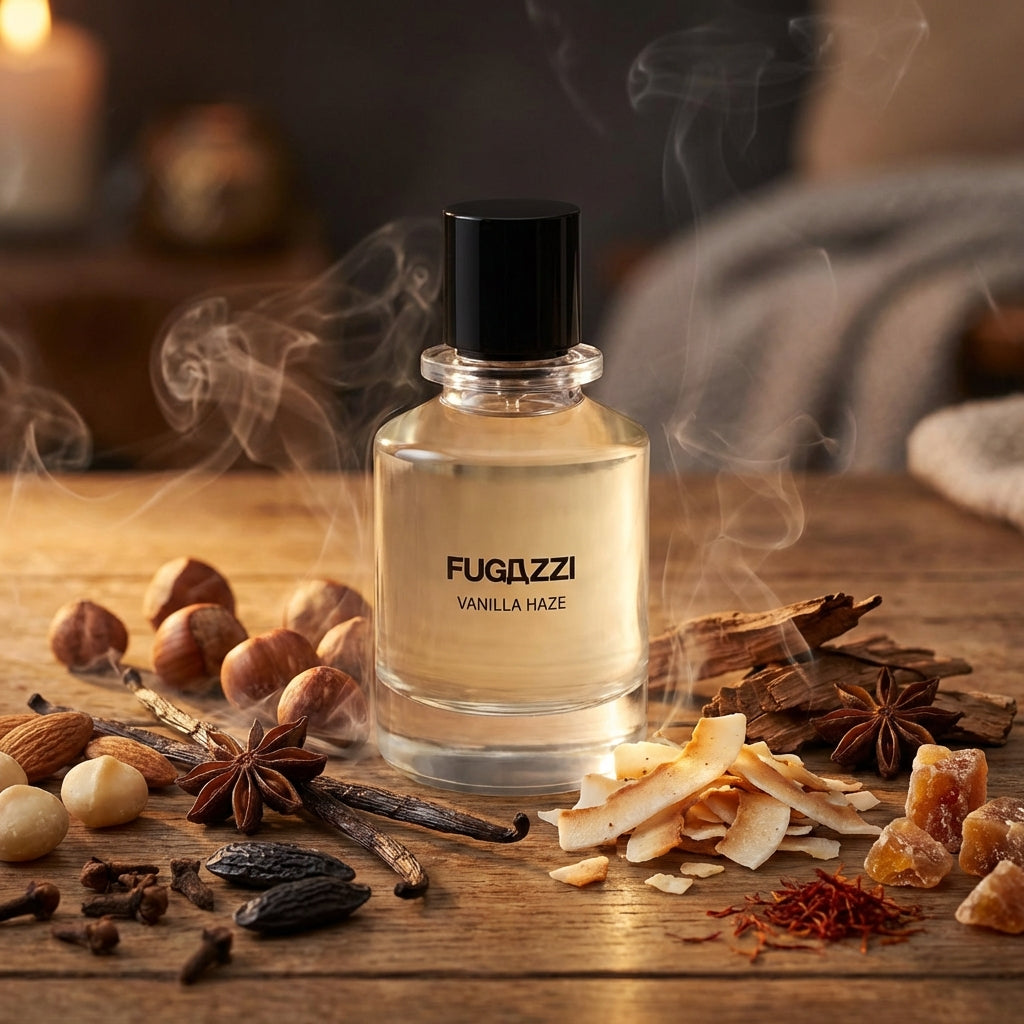 Atmospheric scene of Vanilla Haze Extrait de Parfum by Fugazzi