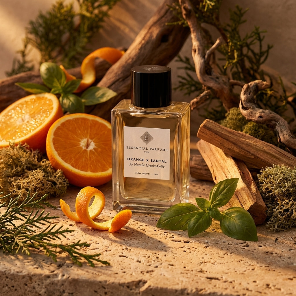 Atmospheric scene of Orange X Santal by Essential Parfums