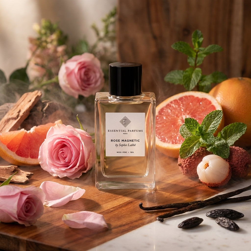 Atmospheric scene of Rose Magnetic by Essential Parfums