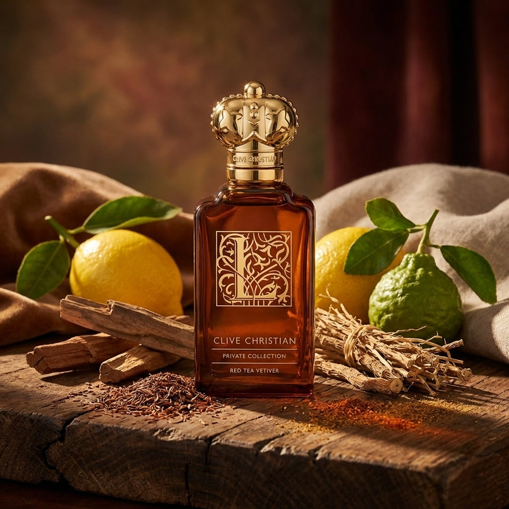 Atmospheric scene of L: Red Tea Vetiver by Clive Christian