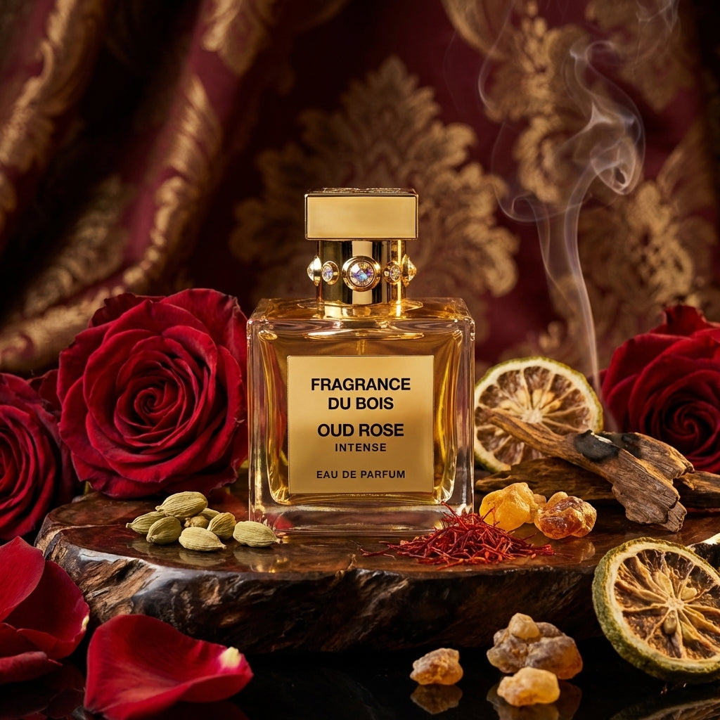 Atmospheric scene of Oud Rose Intense by Fragrance Du Bois