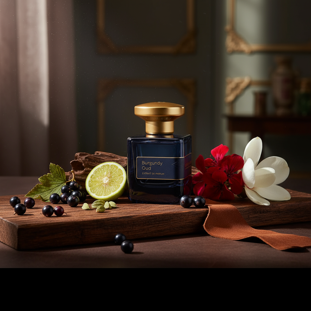 Atmospheric scene of Burgundy Oud by Atelier Materi