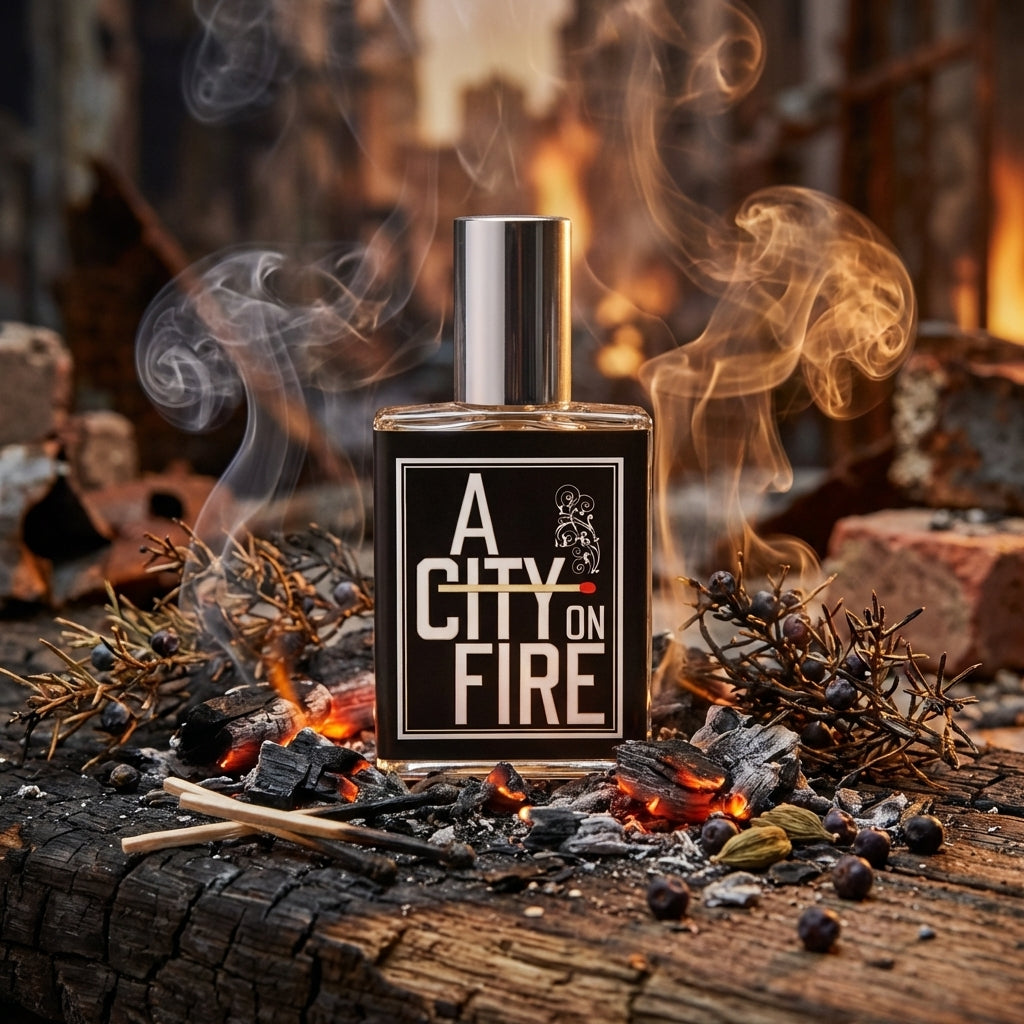 Atmospheric scene of A City on Fire by Imaginary Authors