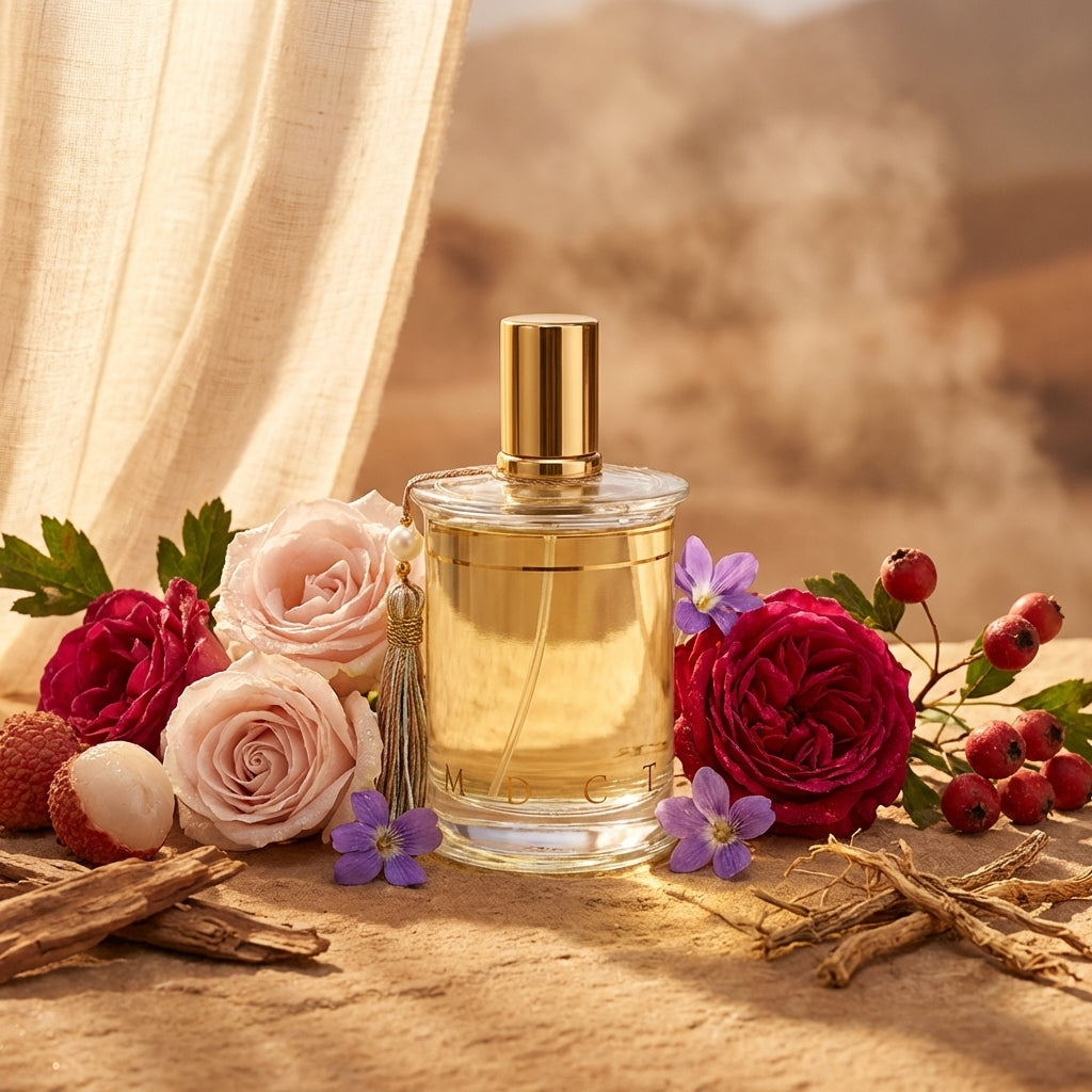 Atmospheric scene of Rose de Siwa by Parfums MDCI