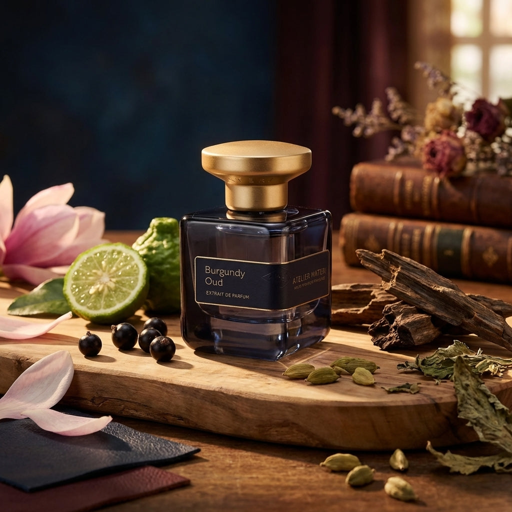 Atmospheric scene of Burgundy Oud by Atelier Materi